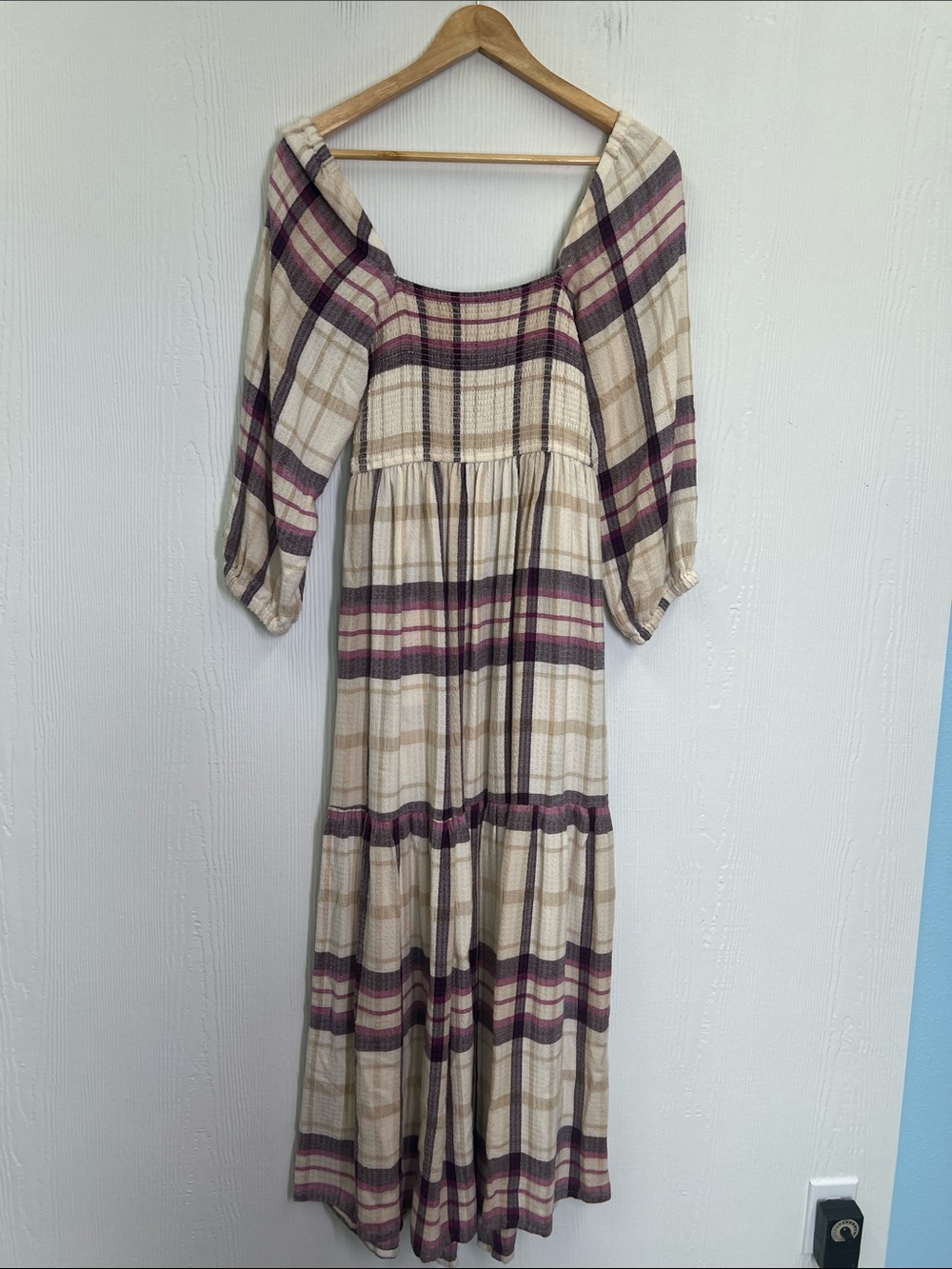 Marine Layer - Ivy Plaid Smocked Long Sleeve Square Neck Tiered Midi Dress Small - Picture 12 of 12